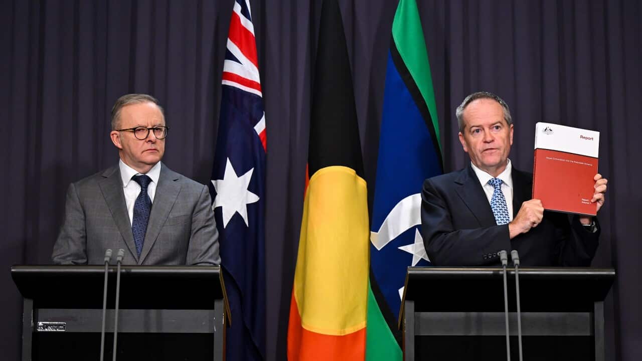 Anthony Albanese and Bill Shorten with the Robodebt Royal Commission's report in 2023 (AAP)