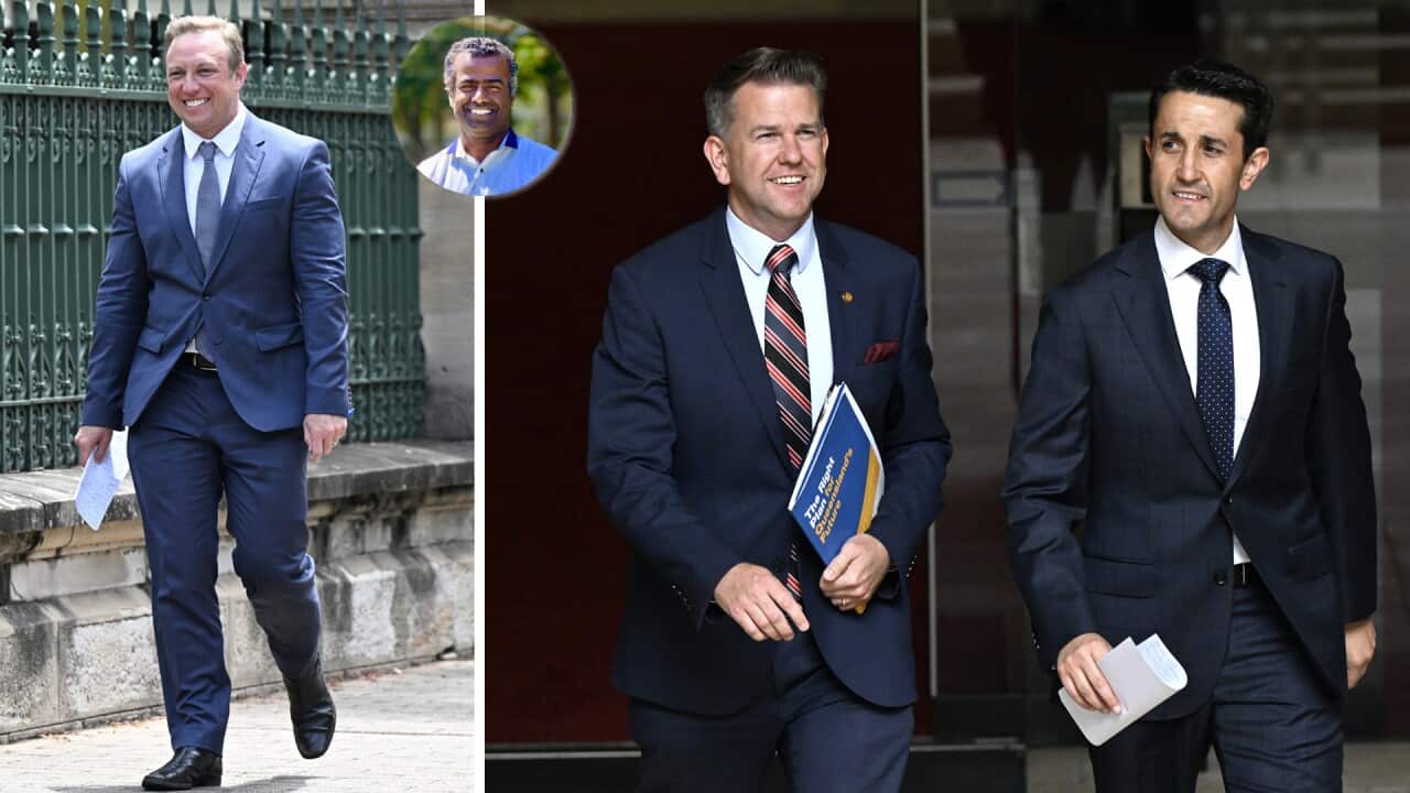 LEFT: Outgoing Queensland Premier Steven Miles is seen arriving to address the media at Parliament House in Brisbane. (AAP Image/Darren England); INSET: Kannan Palvannan; RIGHT: New Deputy Premier Jarrod Bleijie (on the left) and Premier-elect David Crisafulli (on the right) are seen at Parliament House in Brisbane. Liberal National Party leader David Crisafulli claimed victory in the Queensland contest on Saturday night, putting an end to Labor's nine-year reign. (AAP Image/Darren England)