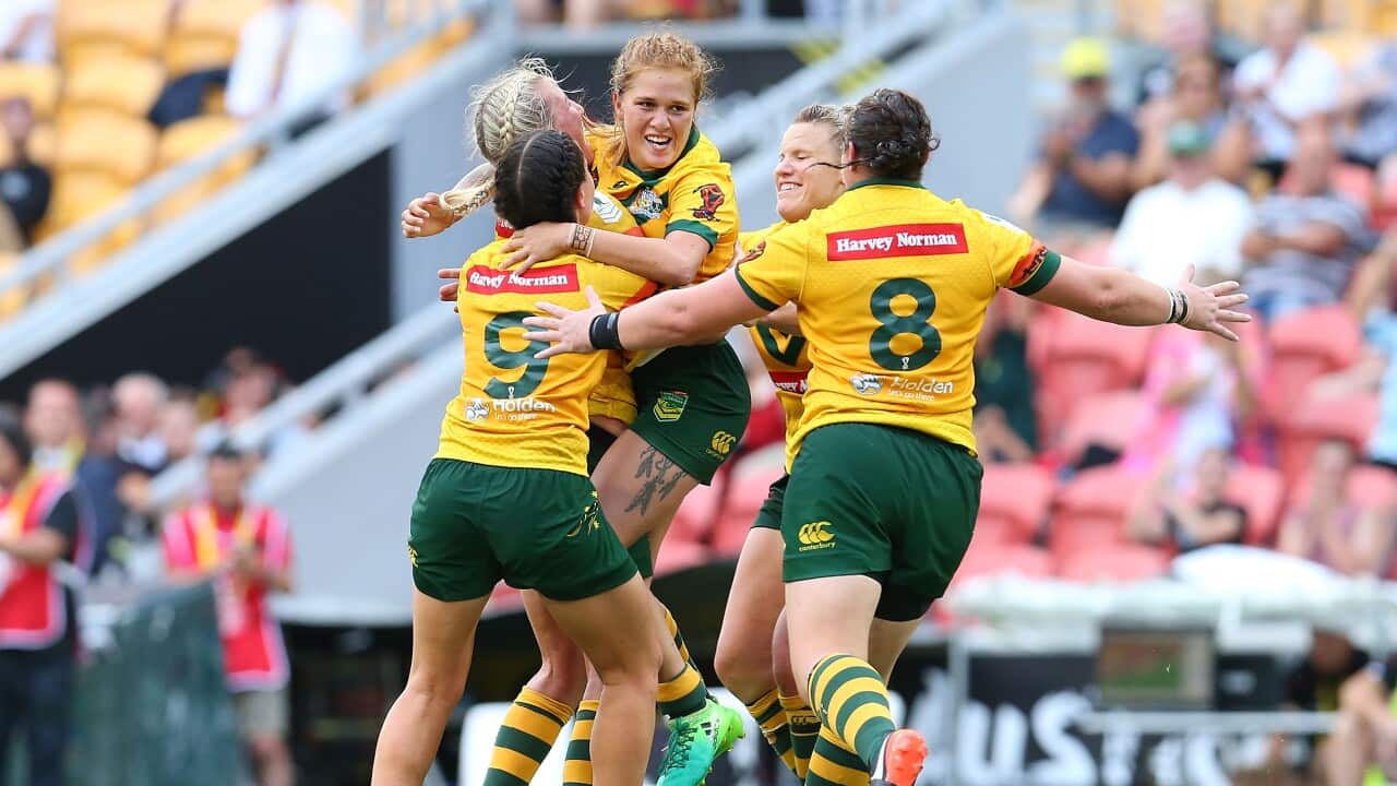 Caitlin Moran celebrates after kicking the winning field goal in the 2017 Rugby League Women's World Cup Final
