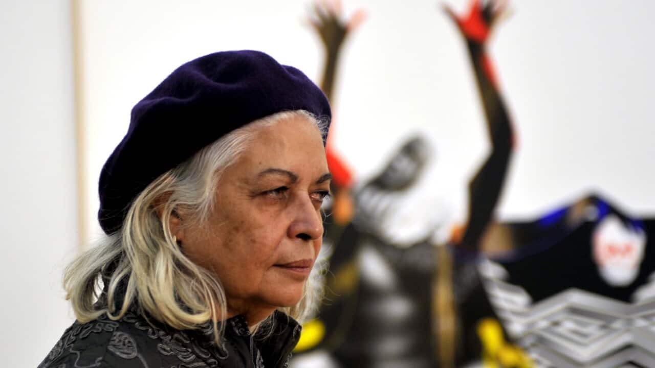 Aboriginal activist Professor Marcia Langton at the unveiling of her portrait at the National Portrait Gallery in Canberra, Wednesday, June 9, 2010. Artist Brook Andrew was commissioned to paint the portrait. (AAP Image/Alan Porritt) NO ARCHIVING