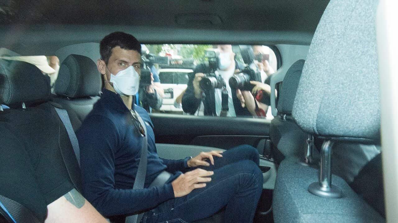 Serbian tennis player Novak Djokovic departs from the Park Hotel to travel to his lawyers' office on 16 January 2021.