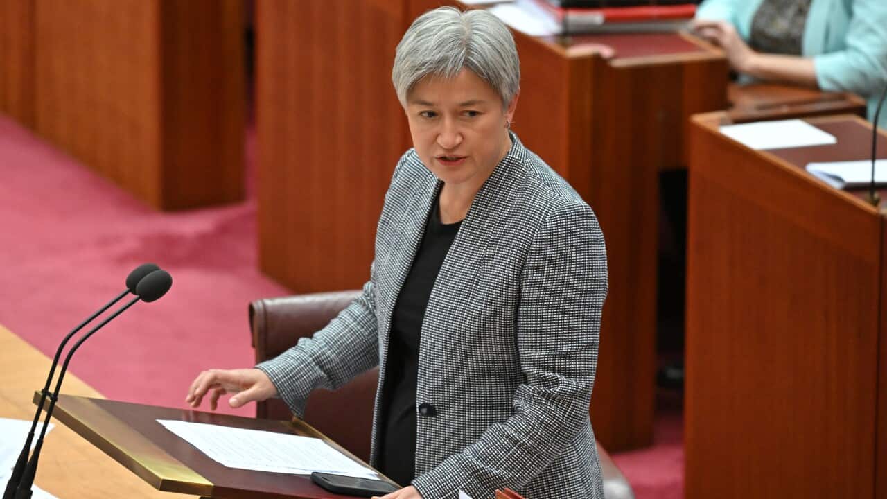 Penny Wong speaking while standing in front of microphones.