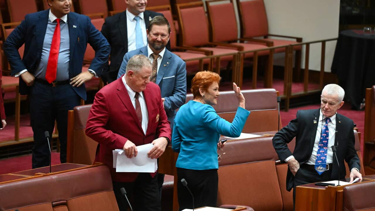 La senatrice di One Nation Pauline Hanson in Parlamento durante la risposta dell'Opposizione Federale alla finanziaria.