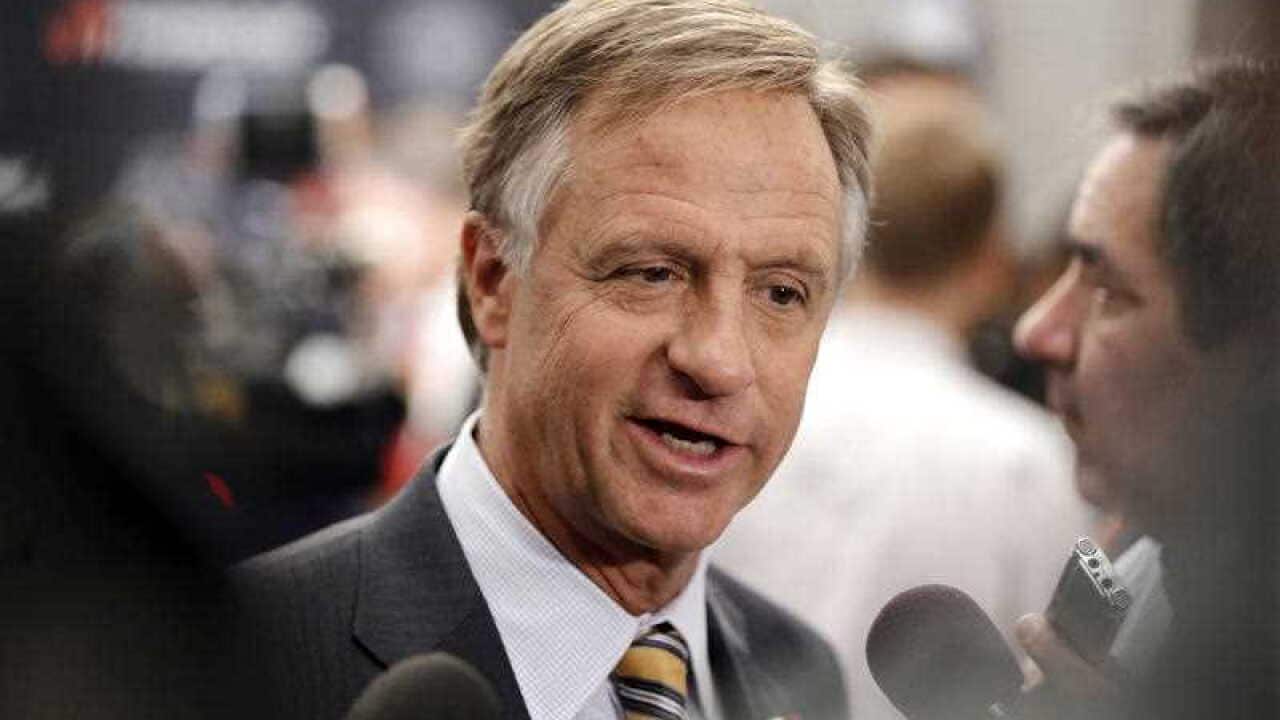 n this April 13, 2016 photo, Tennessee Gov. Bill Haslam talks with reporters in Nashville, Tenn. Haslam vetoed a bill that would make the Holy Bible the official book of Tennessee on Thursday, April 14, 2016. (AP Photo/Mark Humphrey)
