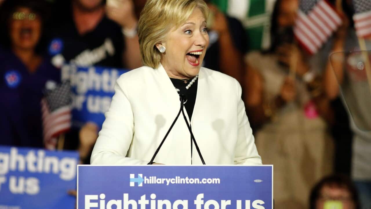 US Democratic presidential candidate Hillary Clinton holds a campaign rally at a film studio in Miami, Florida