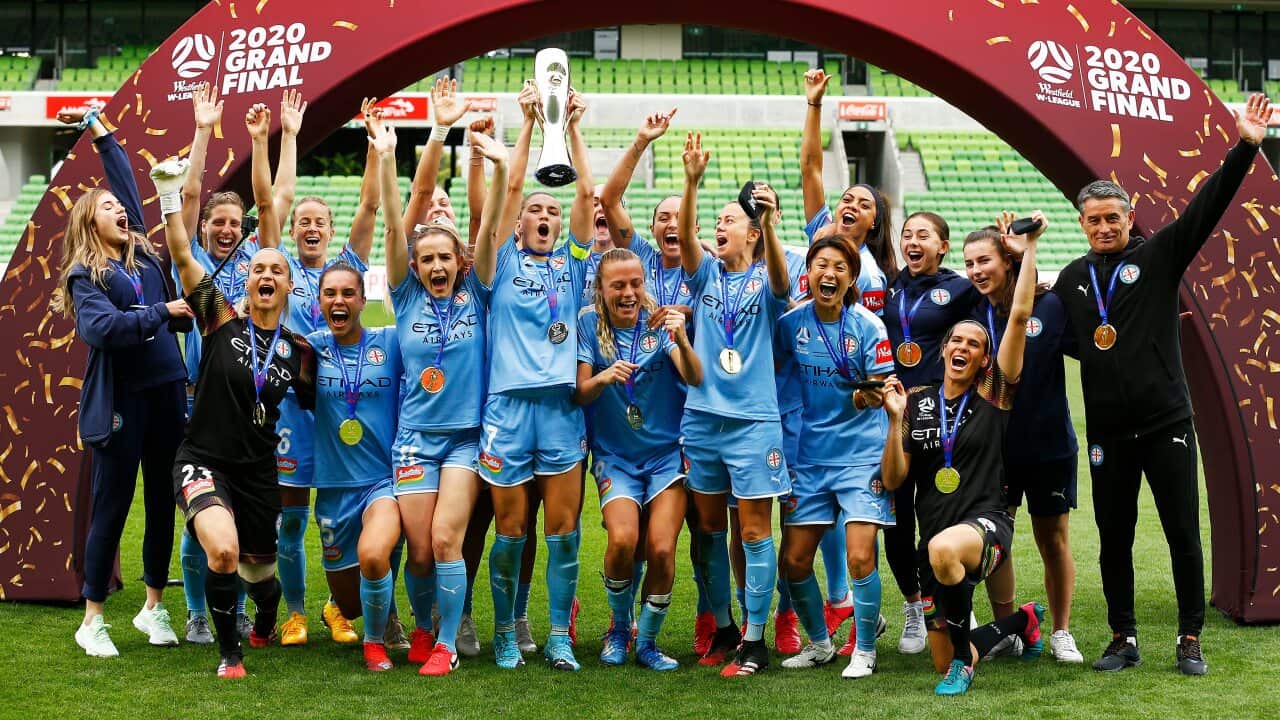 Melbourne City players celebrate their 2019-20 W-League triumph