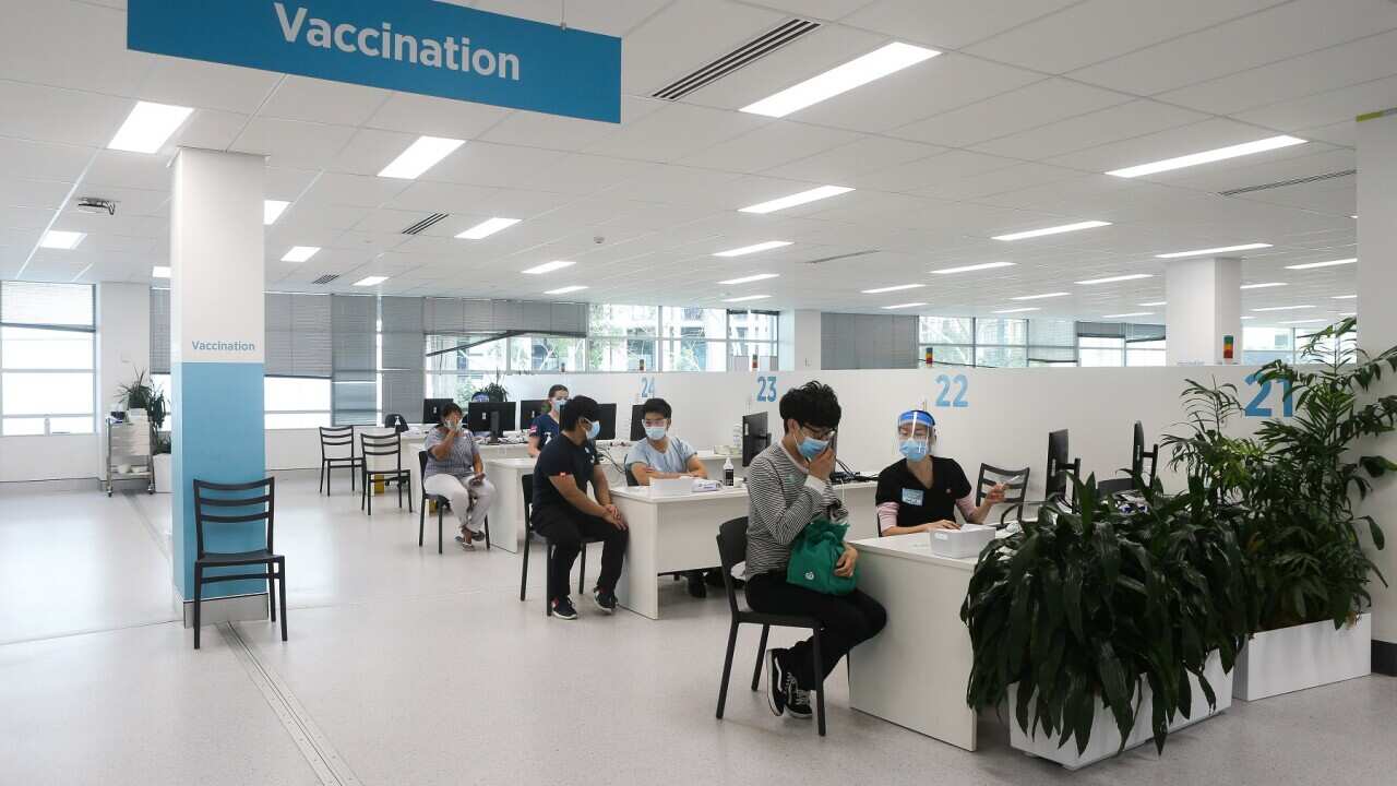 A general view of the Homebush vaccination hub, in Sydney, Sunday, February 6, 2022 (AAP Image/Pool, Gaye Gerard ) NO ARCHIVING