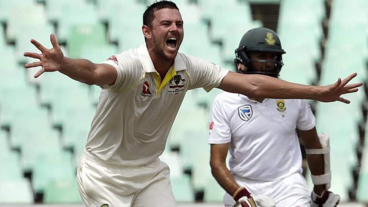 Australian cricketer Josh Hazlewood celebrates on pitch in Durban.