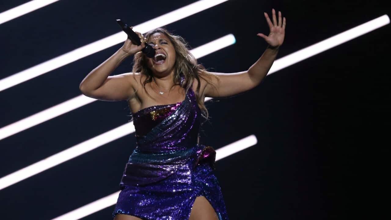 Jessica Mauboy from Australia performs the song 'We Got Love' in Lisbon, Portugal, Saturday, May 12, 2018 