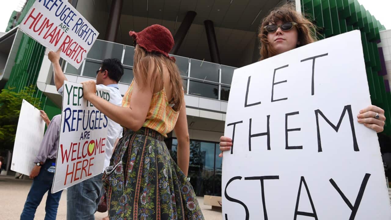 Refugee activists protest outside the Lady Cliento Children's Hospital