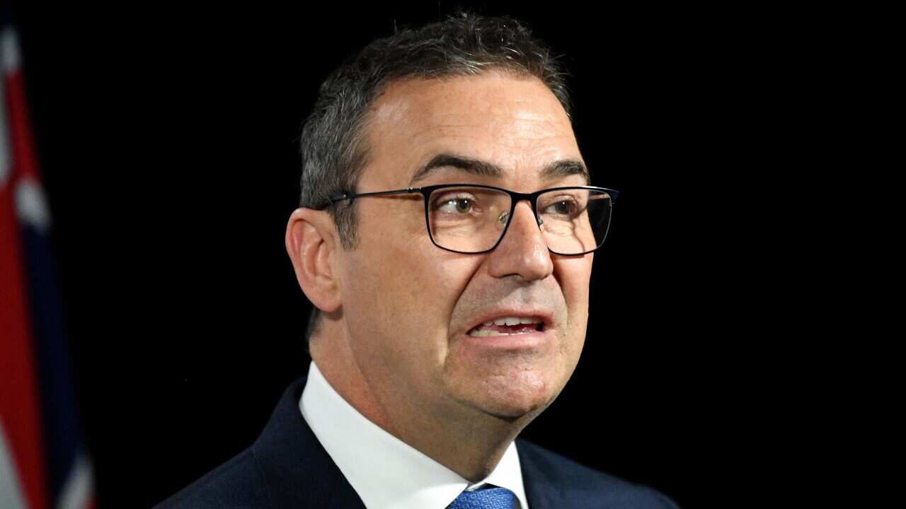 South Australian Premier Steven Marshall speaks to the media in Adelaide, Friday, July 10, 2020 ((AAP Image/David Mariuz) NO ARCHIVING
