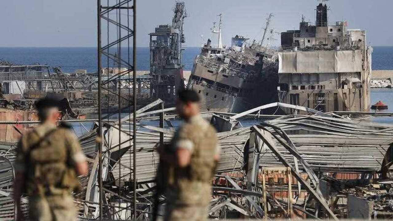 A drone picture shows smoke from the scene of an explosion at the seaport of Beirut, Lebanon, Wednesday, Aug. 5, 2020