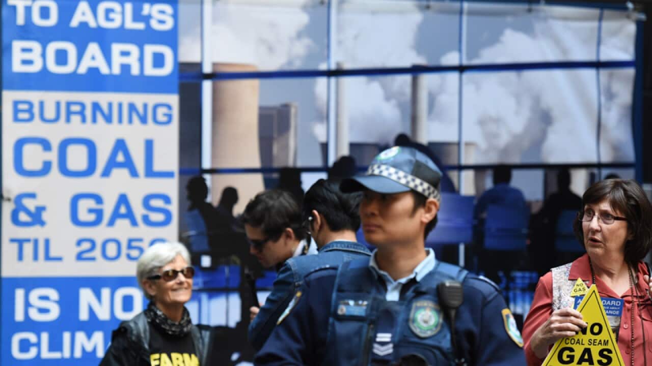 Protesters outside an AGL Energy annual general meeting in Sydney