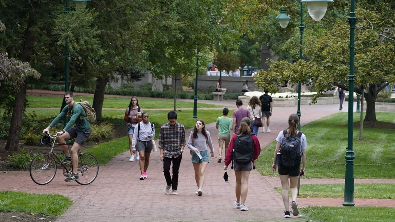 Young people walking at the university campus