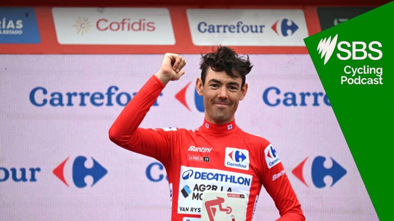 SANTANDER, SPAIN - SEPTEMBER 04: Ben O'Connor of Australia and Team Decathlon AG2R La Mondiale celebrates at podium as Red Leader Jersey winner during the La Vuelta - 79th Tour of Spain 2024, Stage 17 a 141.5km stage Arnuero to Santander / #UCIWT / on September 04, 2024 in Santander, Spain. (Photo by Tim de Waele/Getty Images)