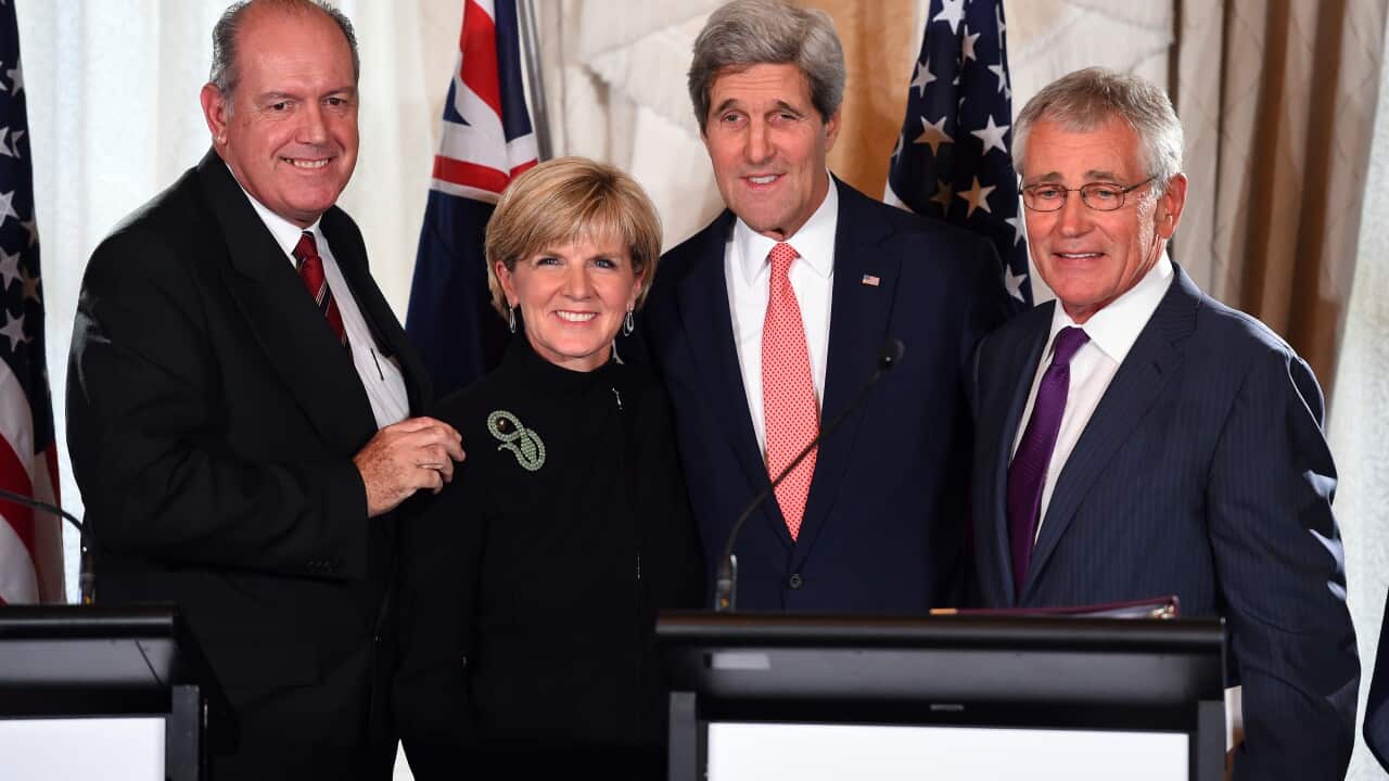Australian Defence Minister David Johnston, Australian Foreign Minister Julie Bishop, US Secretary of State John Kerry and US Secretary of Defense Chuck Hagel (AAP)