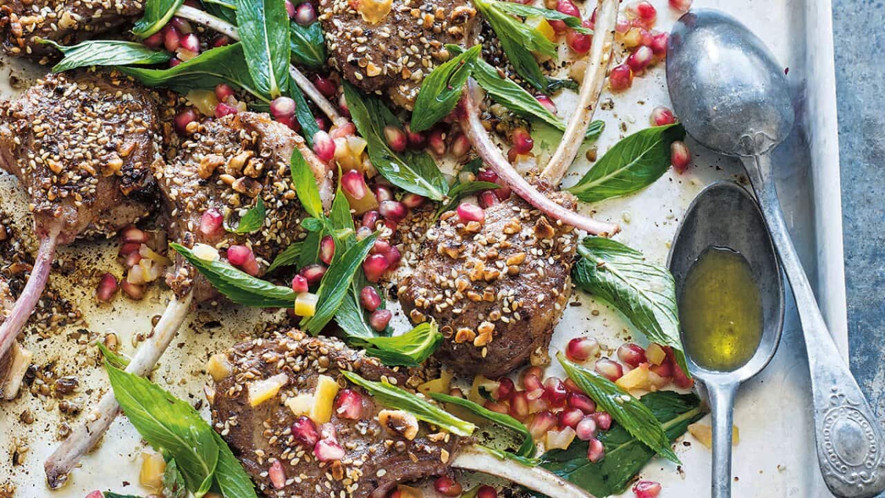 Dukkah lamb cutlets with mint and pomegranate salad