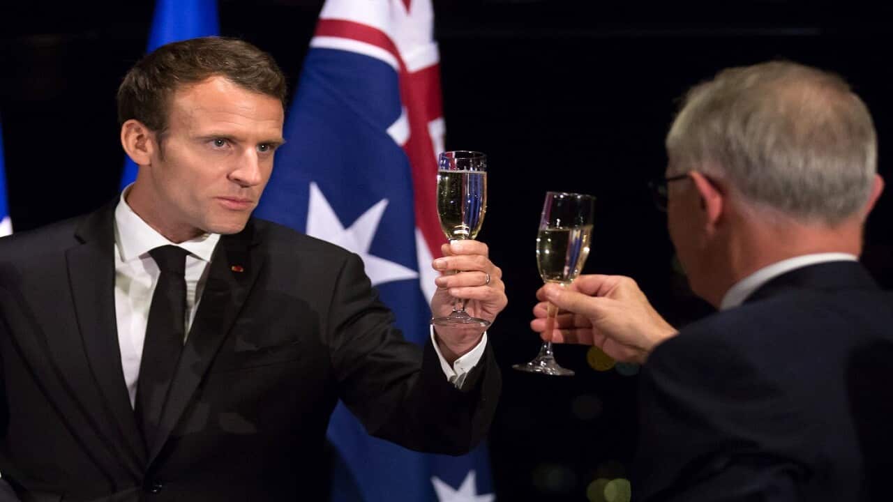 French President and Australia's Prime Minister during a dinner in Macron's honour at the Sydney.in Sydney.