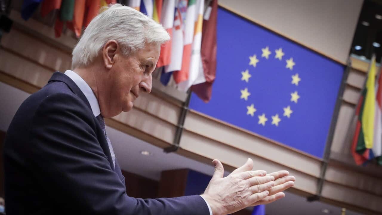 Michel Barnier at the European Parliament in Brussels, Belgium, 27 April 2021.