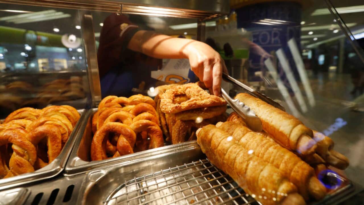 Pretzel Dogs are on display at Auntie Anne's at a shopping mall in Kuala Lumpur, Malaysia.