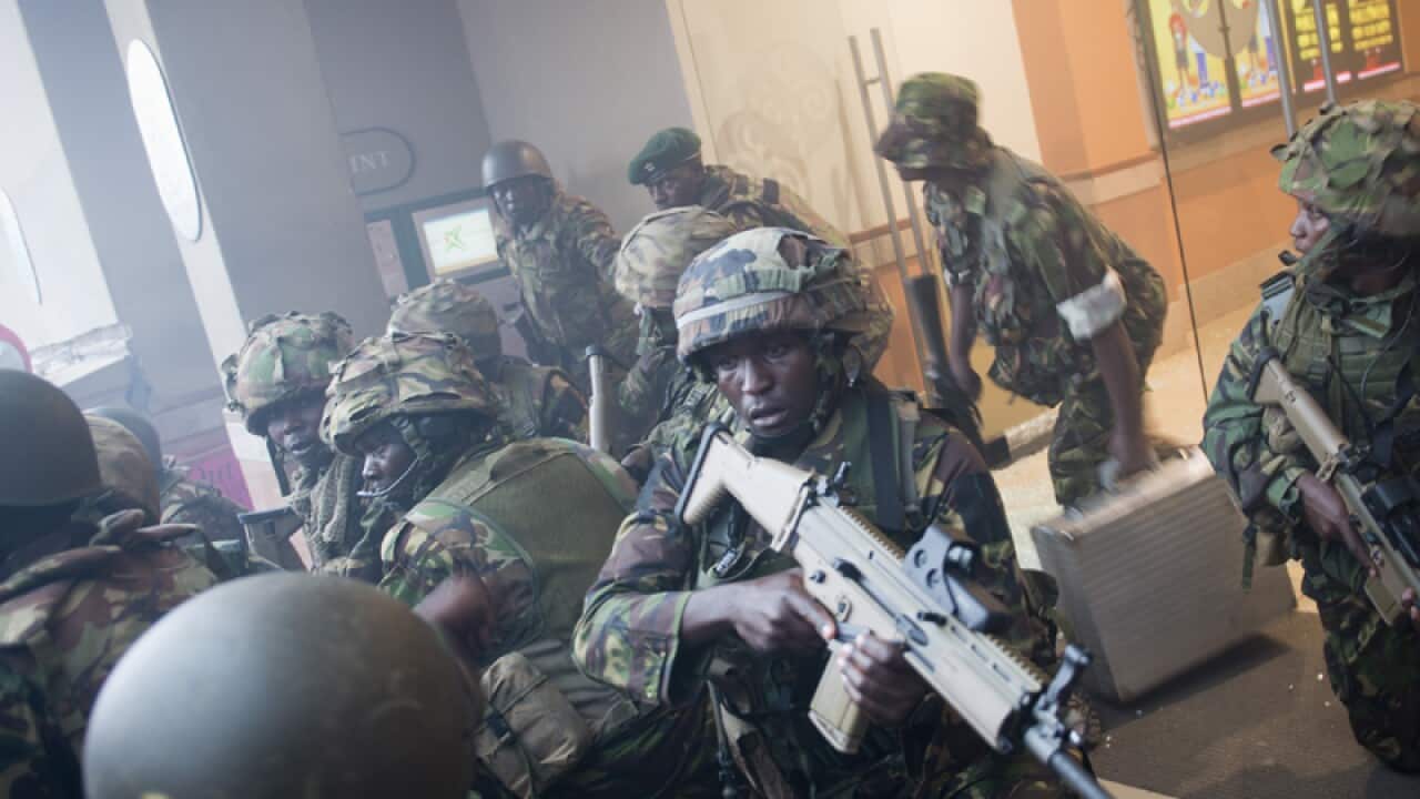 Kenyan military personnel at the Westgate shopping mall in Kenya