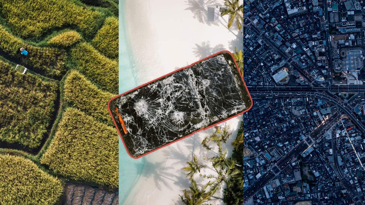 Scenes of idyllic locations with a broken mobile phone