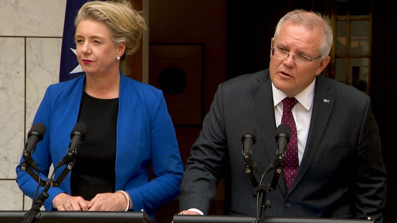 Minister for Agriculture Bridget McKenzie and PM Scott Morrison speak at a press conference at Parliament House