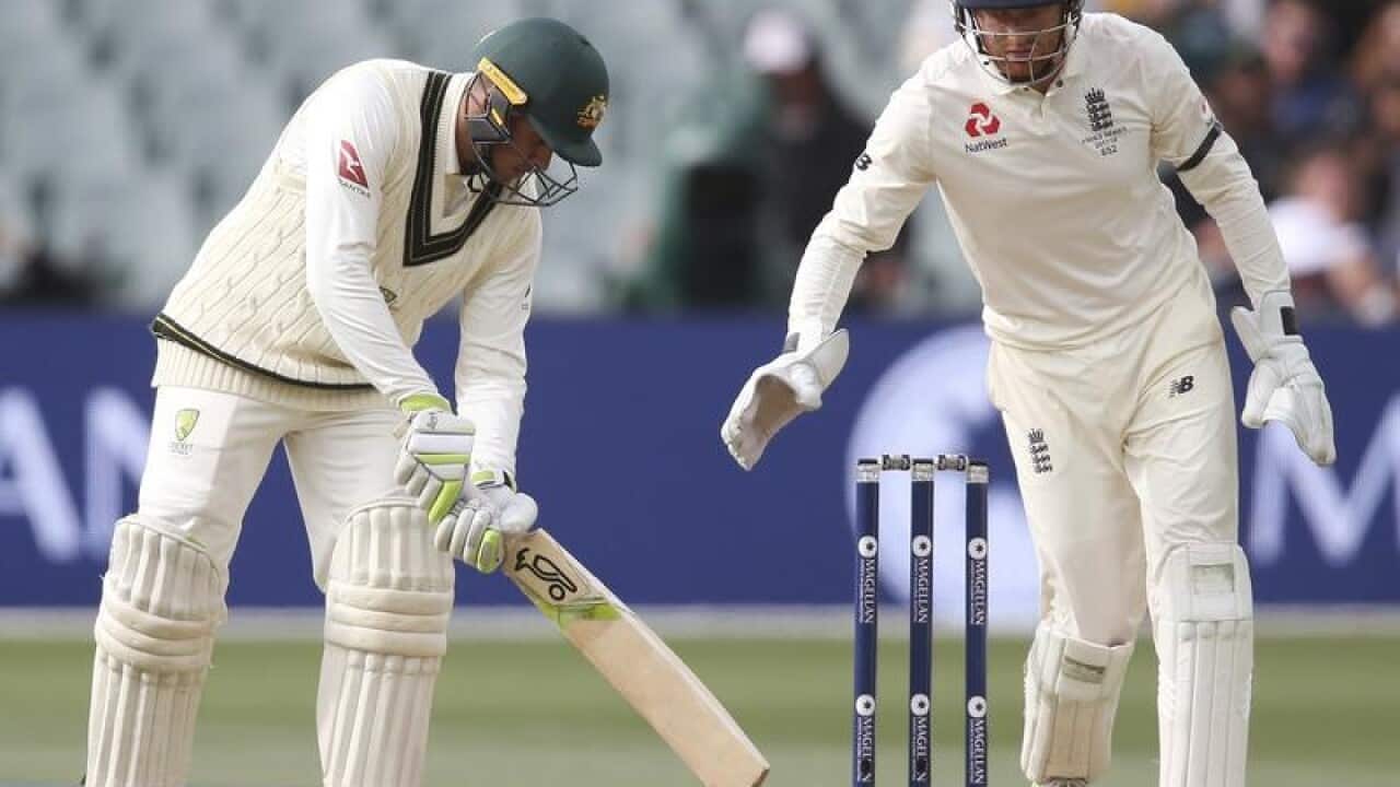 File image of Australia's Usman Khawaja guarding the stumps.