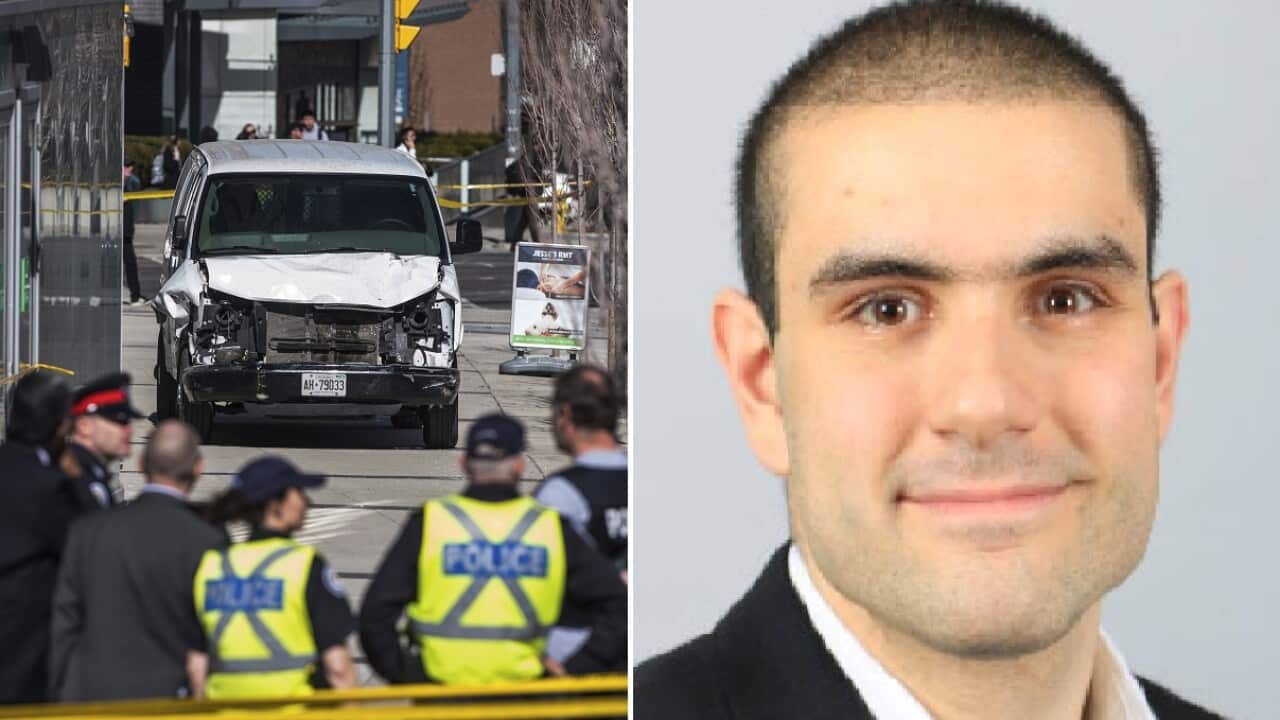 The damaged van in Toronto (left) and a Alek Minassian's reported LinkedIn profile (right).