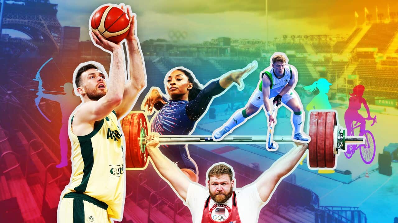 A weightlifter, basketballer and gymnast on a coloured background