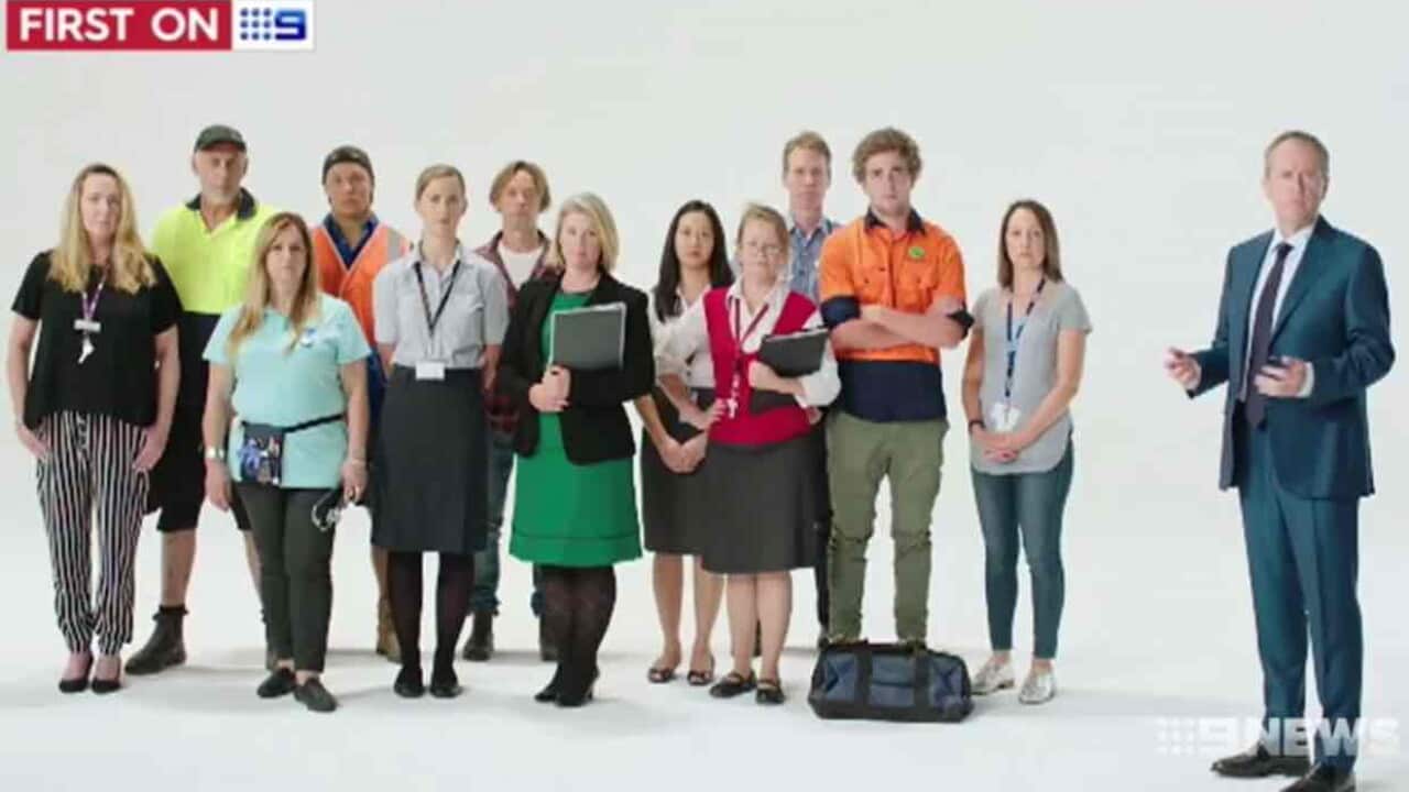 Awkward Bill Shorten in an ad about "Australians" with an all white cast.