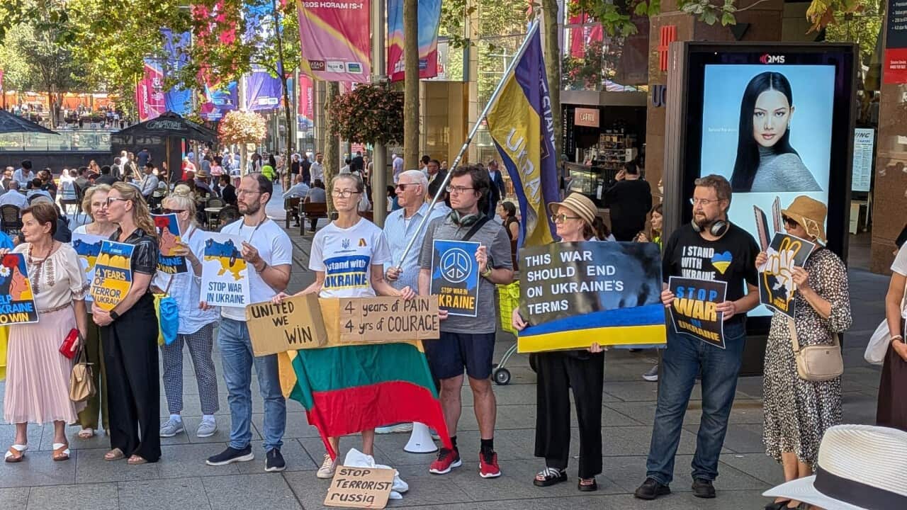 People with Ukrainian flags at a rally
