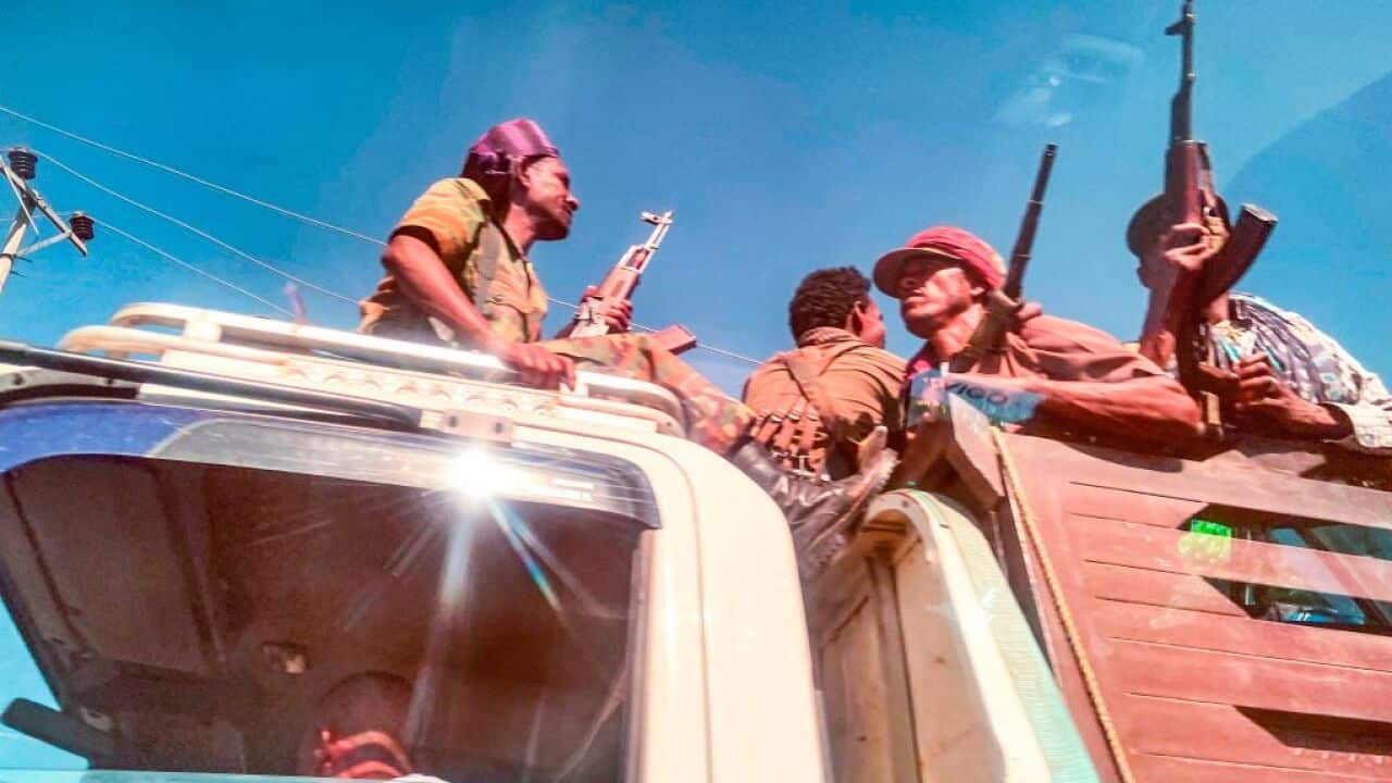 Ethiopian Amhara militia fighters, that combat alongside federal and regional forces against northern region of Tigray, as they mobilise towards Tigray, in the Northwest of the city of Gondar, Ethiopia, o