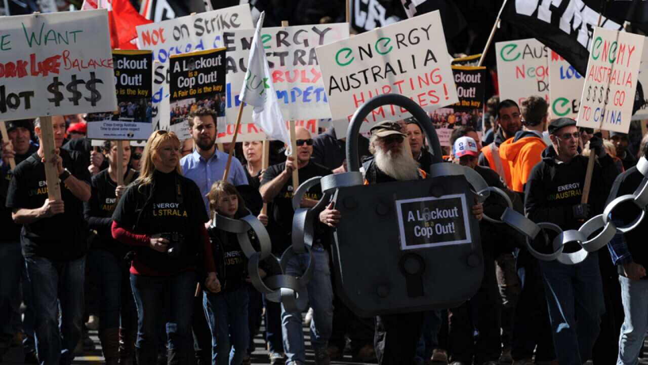Workers from Yallourn Power Station march in protest in Melbourne