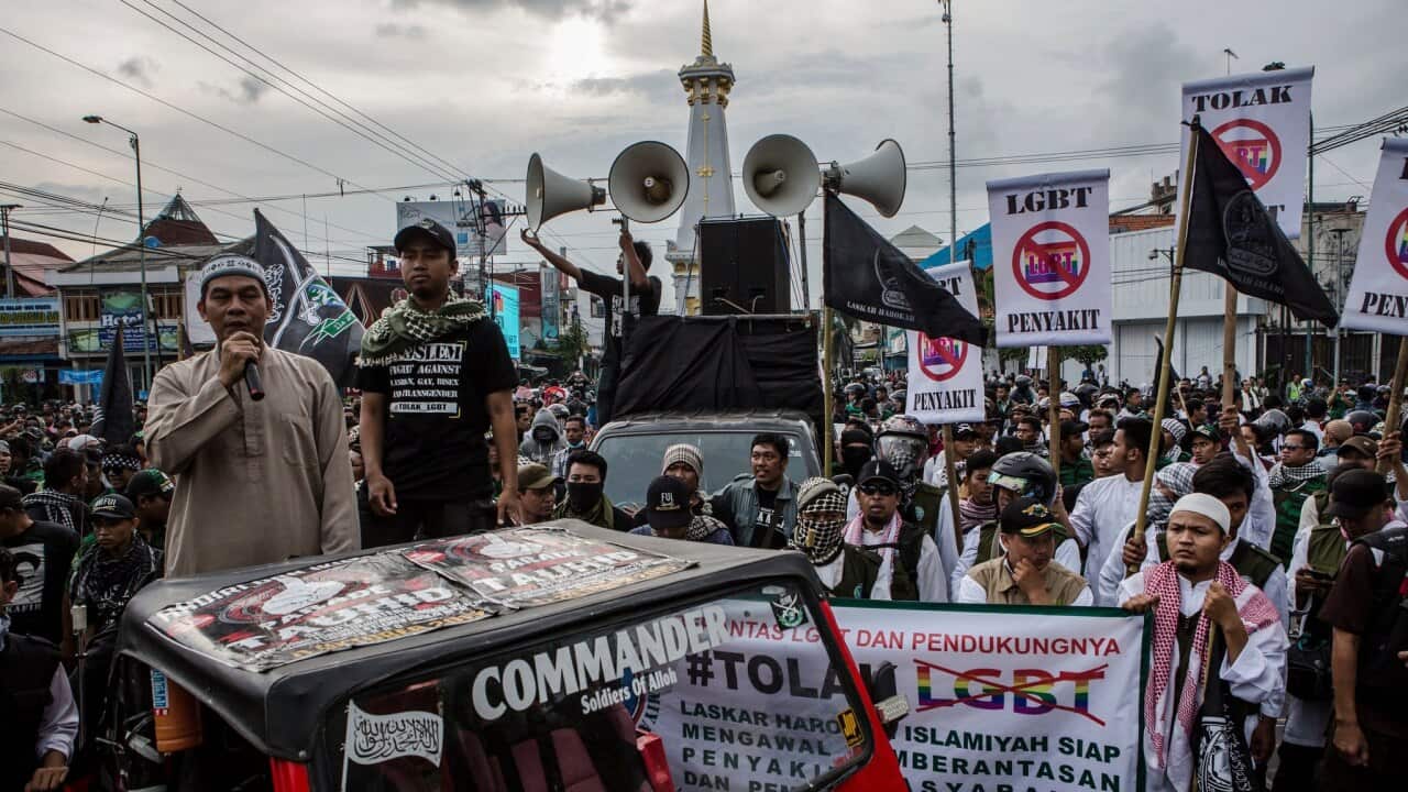 An anti-L.G.B.T. protest in Yogyakarta, Indonesia, in 2016. Lesbians, gays, bisexuals and transgender people face growing hostility across Indonesia.Credit...