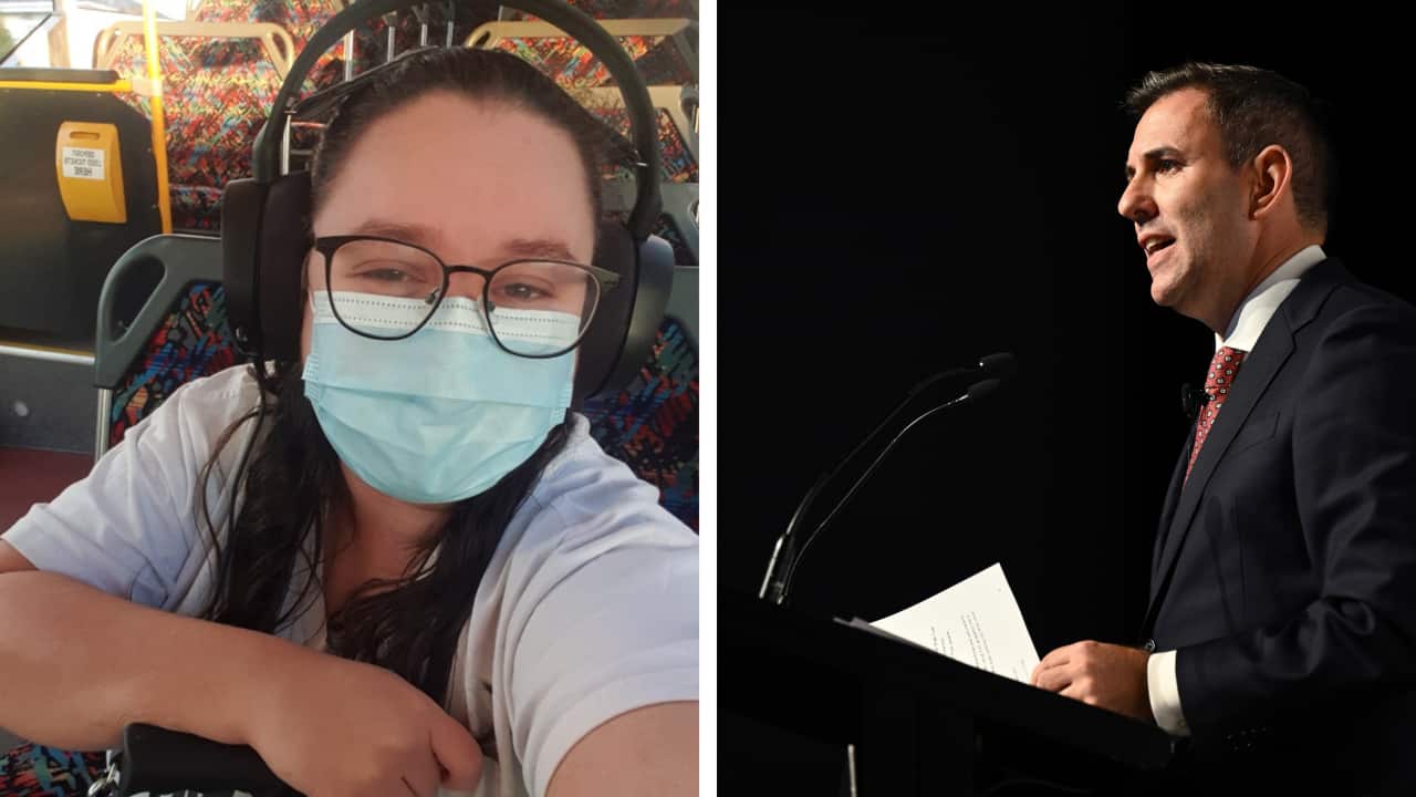 A composite image of a woman on a bus wearing a mask and a man in a black suit