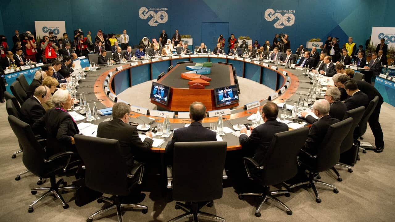 World leaders meet during the first plenary session at the G20 summit in Brisbane. (AAP)