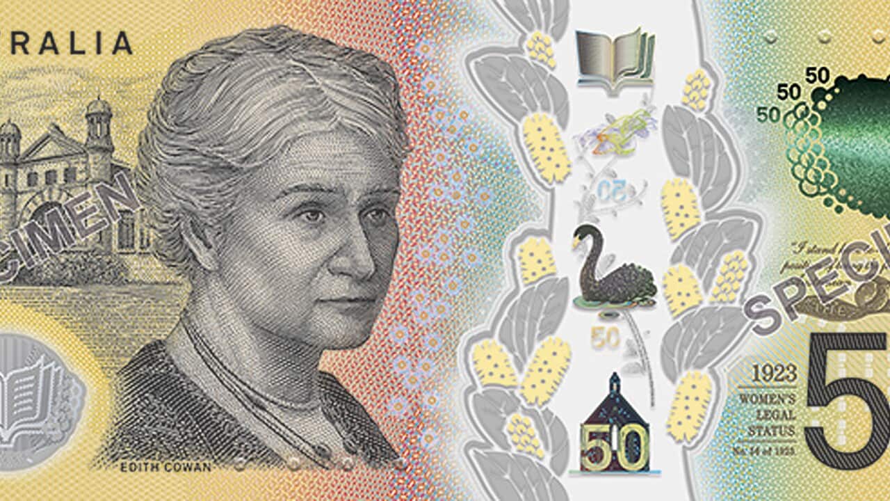 A portrait of Edith Cowan, the first female member of an Australian parliament, on the new $50 bank note.