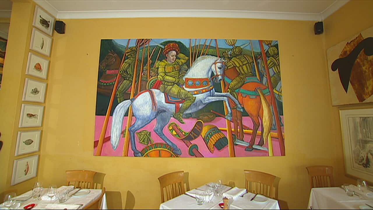 Salvatore Zofrea's new artwork on the wall at Lucio's restaurant.