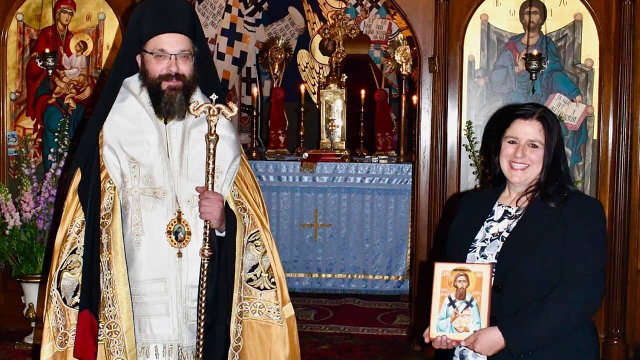 St Sava Serbian College Principal Anne Nikolau with the Serbian Orthodox Bishop Siluan