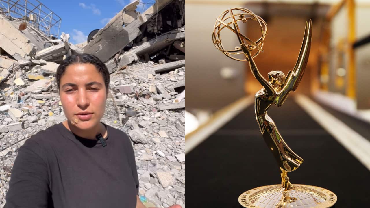 On the left, Gazan journalist Bisan Owda stands in front of a pile of rubble. On the right is an Emmy award.