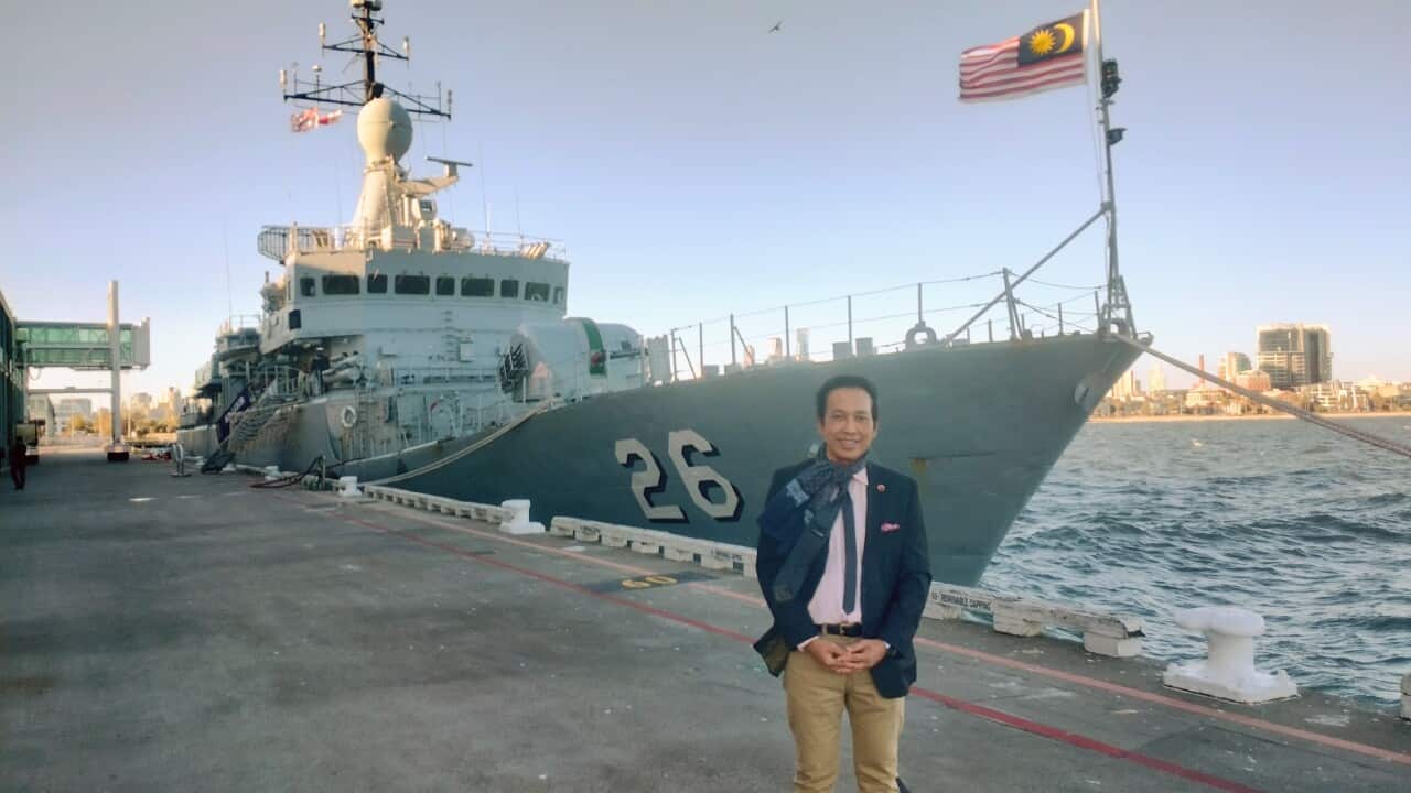 Kapal Diraja Lekir berlabuh di Port Melbourne dalam pelayarannya mengelilingi benua Australia. Credit: SBS Bahasa Melayu