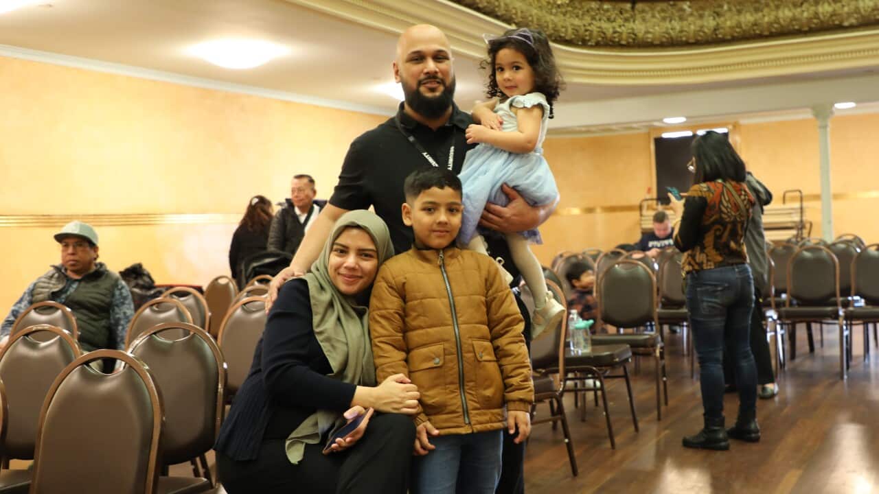 Shadi Nagib with his young family while serving as a security officer at the Tembang Nusantara event at Collingwood Town Hall, 19 Aug 2023.