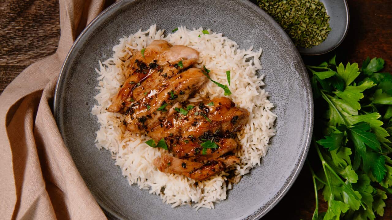 Chicken and rice bowl with Pedro Ximénez