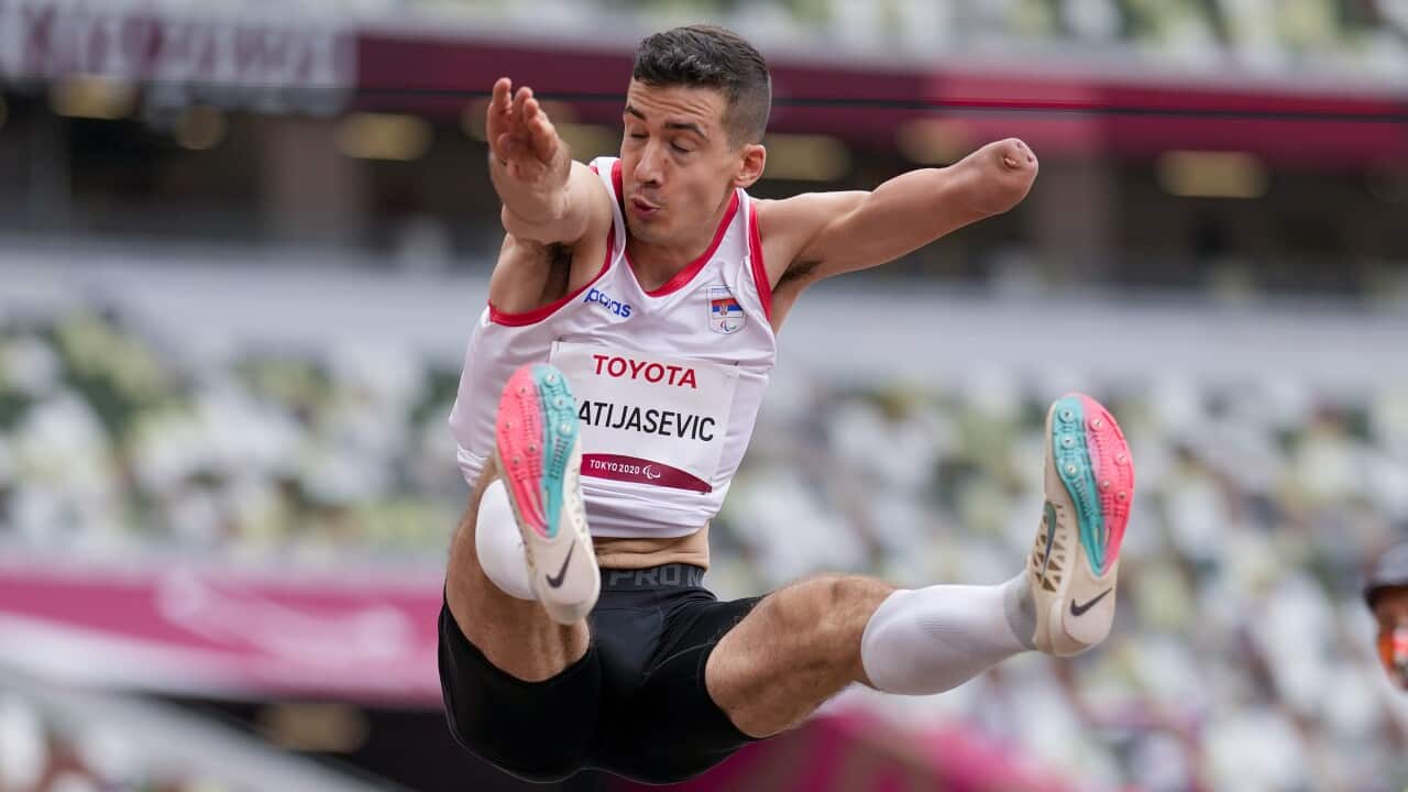 Serbia's Nemanja Matijasevic competes in the men's T47 long jump final during the 2020 Paralympics at the National Stadium in Tokyo, Tuesday, Aug. 31, 2021. (AP Photo/Eugene Hoshiko)