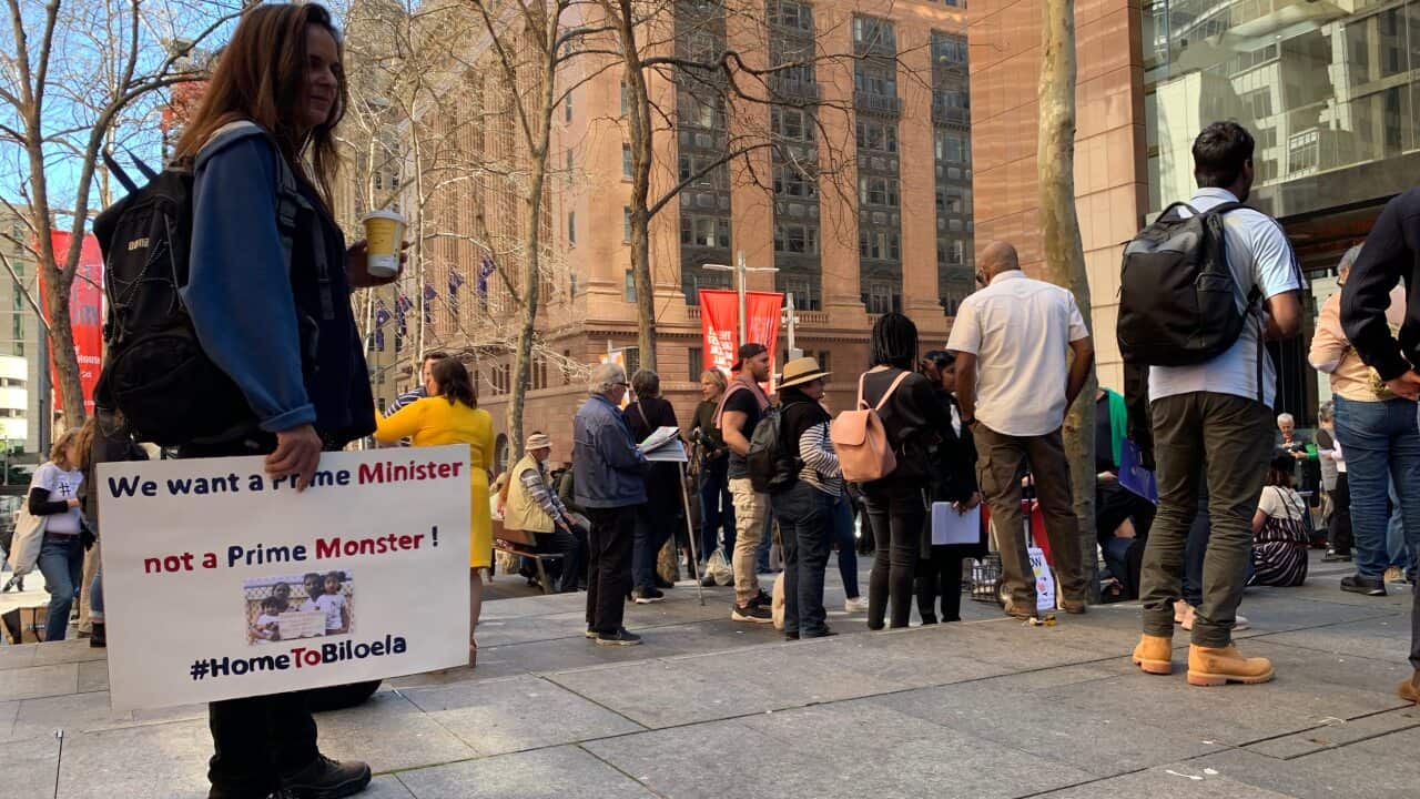 Supporters of a Tamil family facing deportation gather at a rally in Sydney.