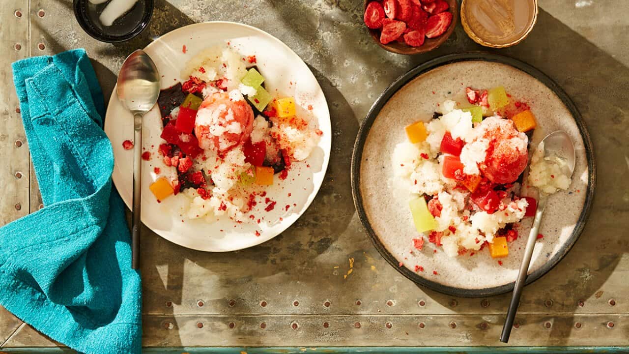 Lychee granite, strawberry sorbet and compressed melon