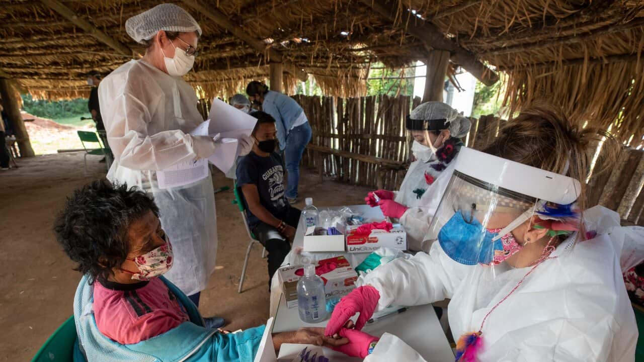Health workers test Indigenous Brazilians for coronavirus.
