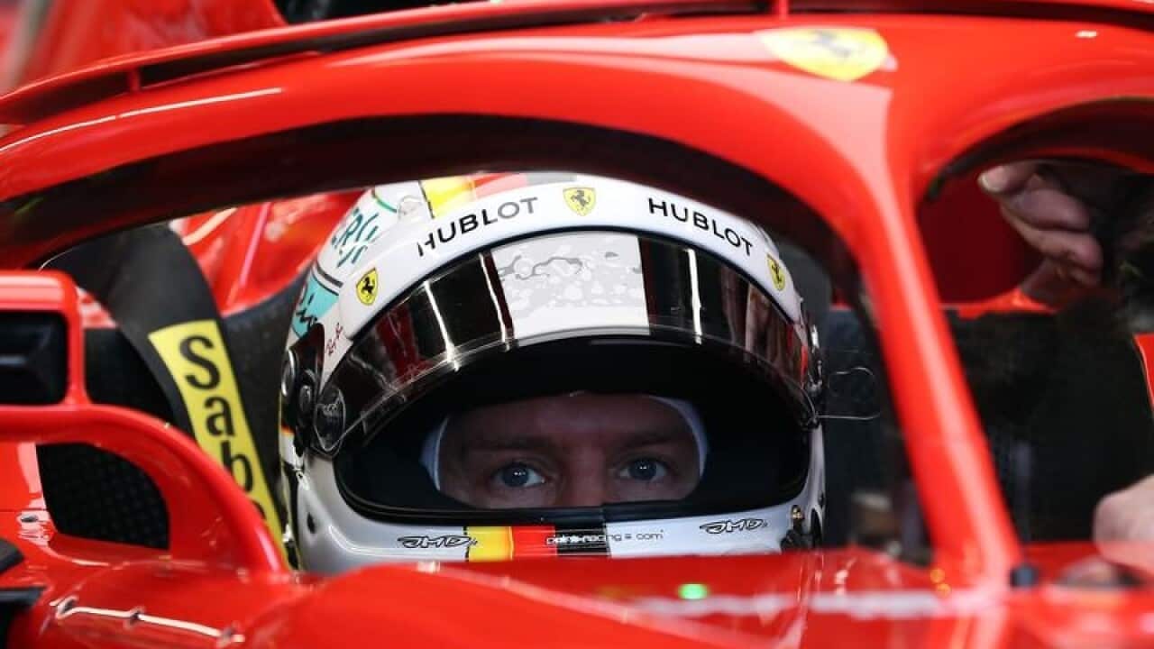 German Sebastian Vettel arrives at the 2018 Australian Grand Prix.