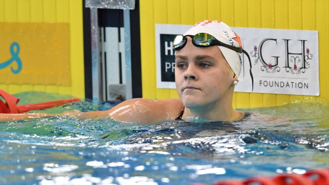 Shayna Jack is seen after her Women's 100m Freestyle heat during day three of the 2018 Hancock Prospecting Pan Pacific Championship Trials